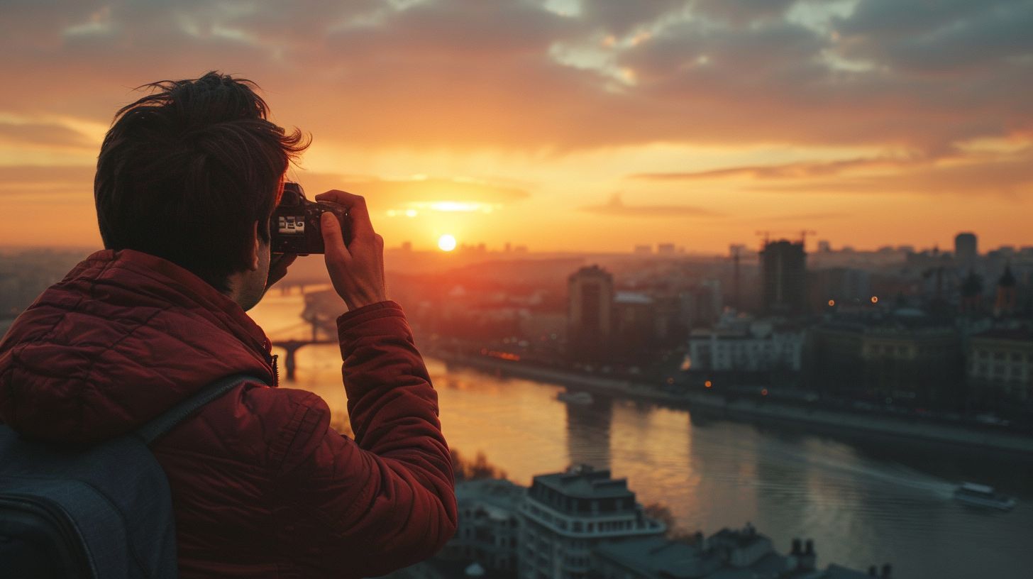 A person taking a sunset cityscape with a compact camera.